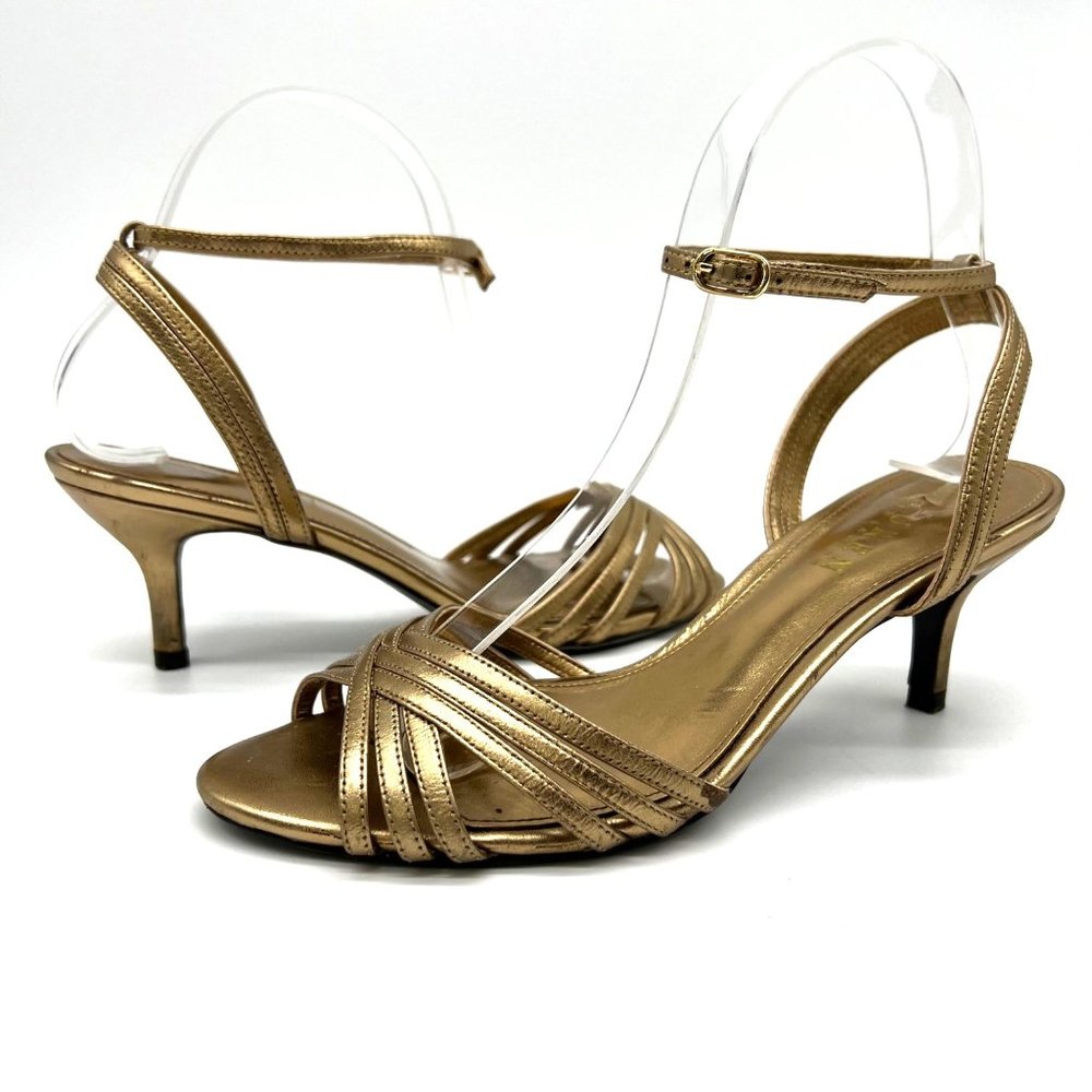 LAUREN Ralph Lauren Gold Leather Strappy Kitten Heel Sandals Womens 6.5